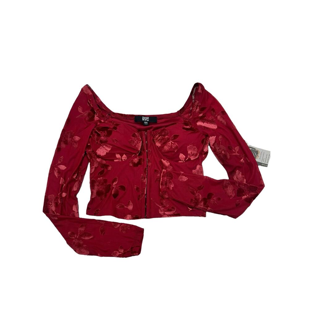 NWT Madden NYC Womens Red Velvet Floral Sheer Vampy Coquette Corset Top Sz XXS